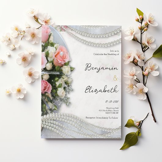 Vintage style pink white rose pearl Wedding 招待状
