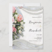 Vintage style pink white rose pearl Wedding 招待状 (正面)