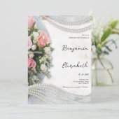 Vintage style pink white rose pearl Wedding 招待状 (スタンド正面)