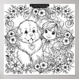 Vintage Style Puppy Dog and Flower Vines ポスター