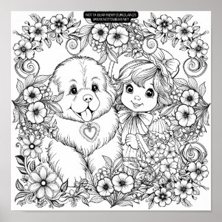 Vintage Style Puppy Dog and Flower Vines ポスター