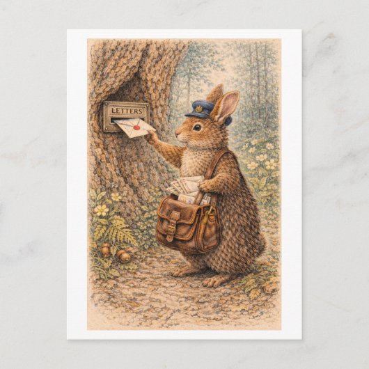 Vintage-Style Rabbit as Mailman Illustration ポストカード (正面)