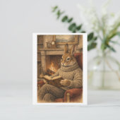 Vintage-Style Rabbit Reading a Book ポストカード (スタンド正面)