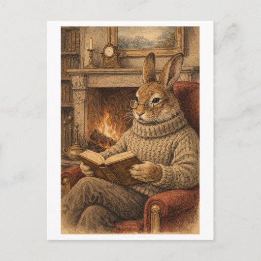 Vintage-Style Rabbit Reading a Book ポストカード (正面)