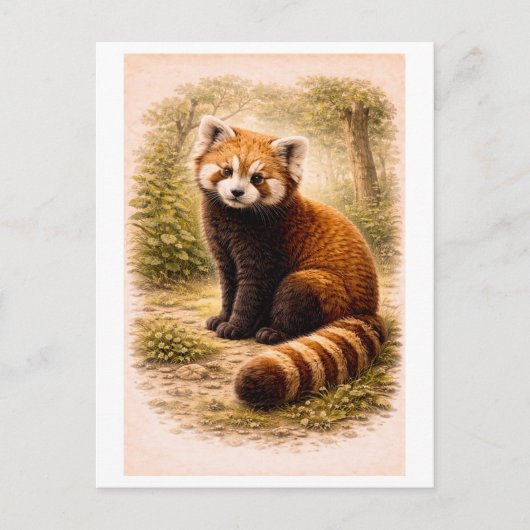 Vintage-Style Red Panda Illustration ポストカード (正面)