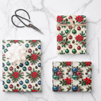 Vintage Style Retro Holiday Gift Wrap 3-Sheet Set ラッピングペーパーシート