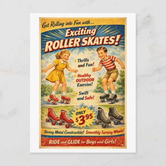 Vintage-Style Roller Skates Advertisement ポストカード (正面)