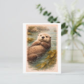 Vintage-Style Sea Otter Illustration ポストカード (スタンド正面)