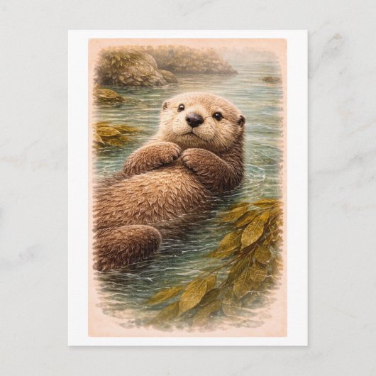 Vintage-Style Sea Otter Illustration ポストカード (正面)