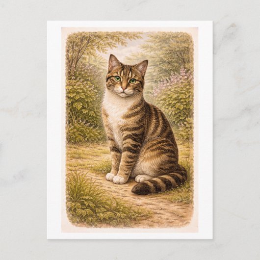 Vintage-Style Tabby Cat Illustration ポストカード (正面)