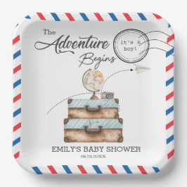 Vintage Suitcase Baby Shower Boy Adventure Postal ペーパープレート