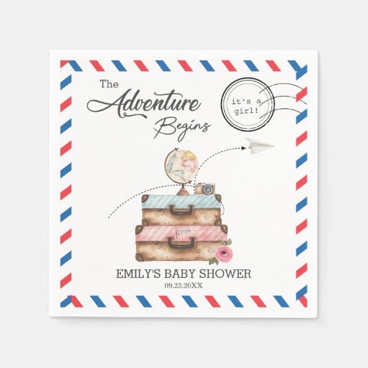 Vintage Suitcase Baby Shower Girl Adventure Postal スタンダードカクテルナプキン (正面)