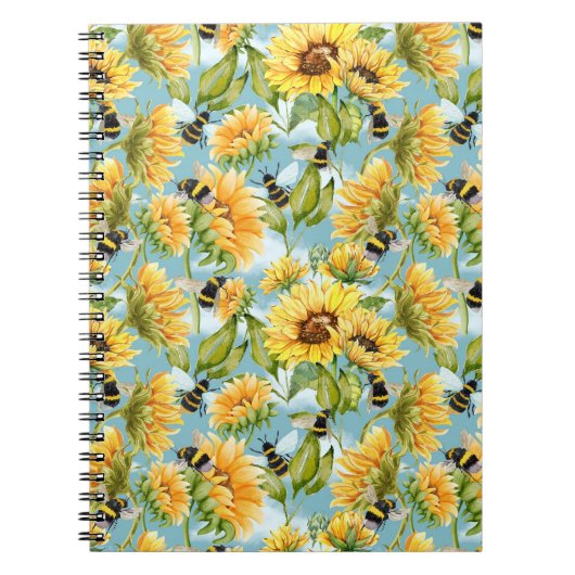 Vintage Sunflower And Bees Seamless Pattern ノートブック (正面)