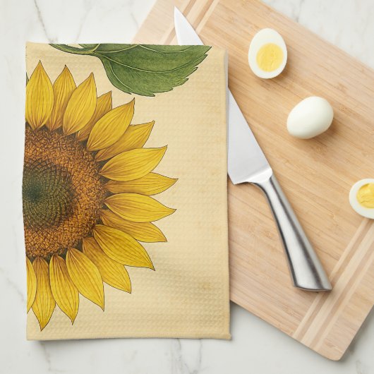 Vintage Sunflower on Weathered Paper キッチンタオル (四つ折り)