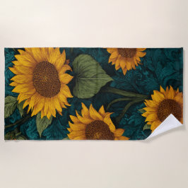 Vintage Sunflower Pattern – Botanical Art Design ビーチタオル