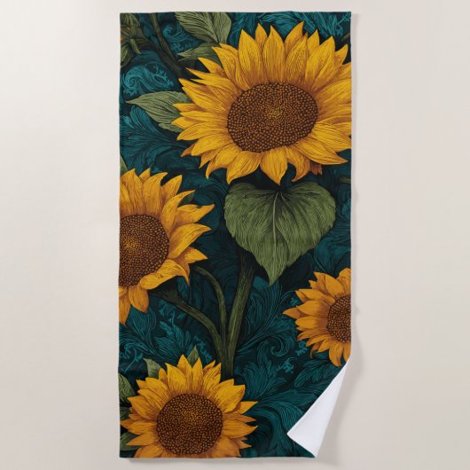 Vintage Sunflower Pattern – Botanical Art Design ビーチタオル (正面)