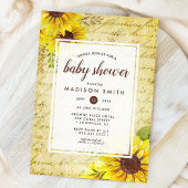 Vintage Sunflower Script Baby Shower 招待状