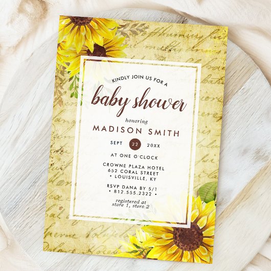 Vintage Sunflower Script Baby Shower 招待状