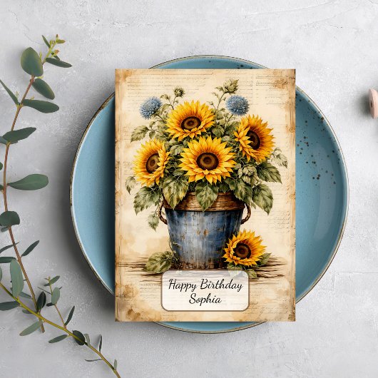 Vintage Sunflowers in Rustic Bucket カード