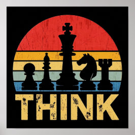 Vintage Sunset Chess Artwork – Inspiring "Think"  ポスター