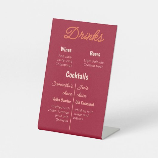 Vintage Sunset Retro Wedding Drinks Menu 台座サイン (正面)