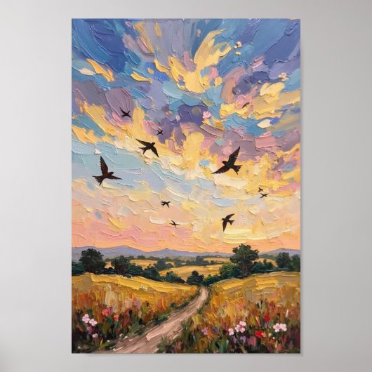 Vintage Swallow Sky Countryside Art ポスター (正面)