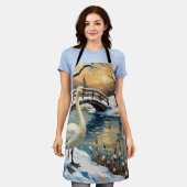 Vintage Swan by Snowy Bridge Christmas Painting エプロン (着用した状態)