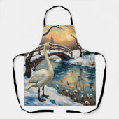 Vintage Swan by Snowy Bridge Christmas Painting エプロン (正面)