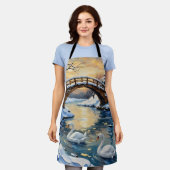 Vintage Swan Family Under Snowy Bridge Painting エプロン (着用した状態)