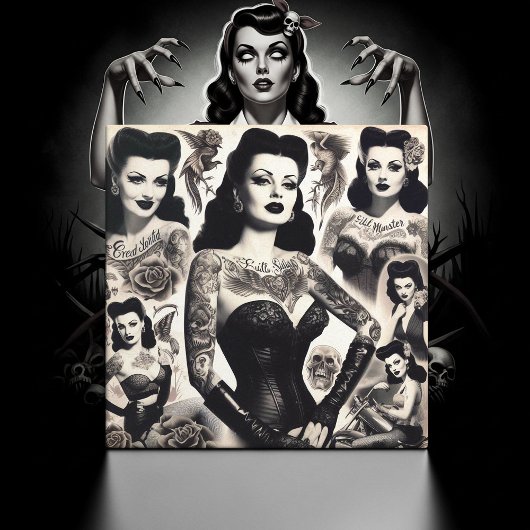 Vintage Tattooed Goth Woman Collage タイル