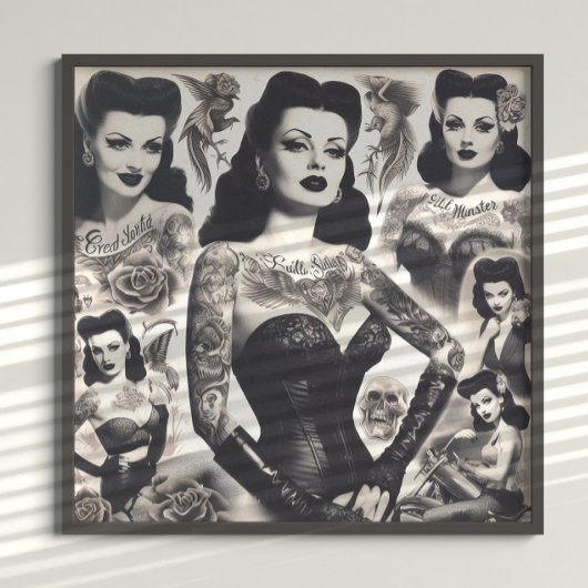 Vintage Tattooed Goth Woman Collage ポスター