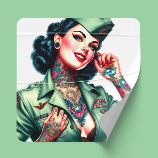Vintage Tattooed Military Woman スクエアシール