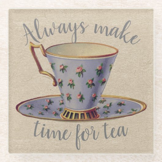 Vintage Teacup Time for Tea ガラスコースター (正面)