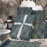 Vintage Teal Blue Green Gold Floral Damask Wreath ラッピングペーパー<br><div class="desc">A vintage floral damask wrapping paper in shades of green and gold.</div>