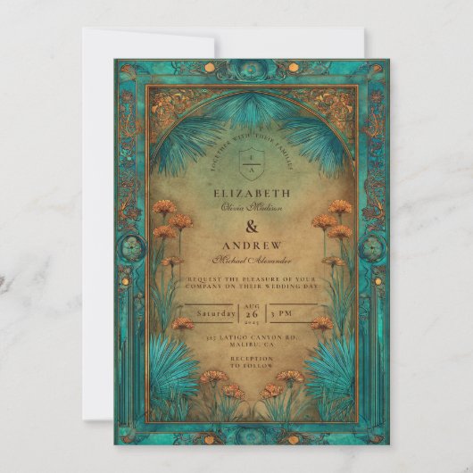 Vintage Teal Garden Islamic Wedding 招待状 (正面)