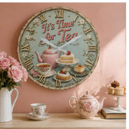 Vintage Teapot Kitchen Style Tea Lover Decor ラージ壁時計