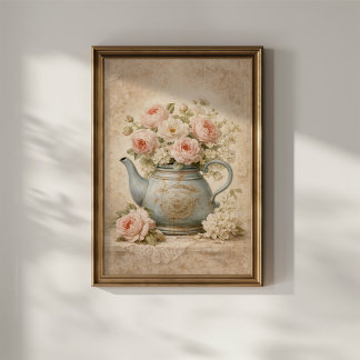 Vintage Teapot with Roses ポスター