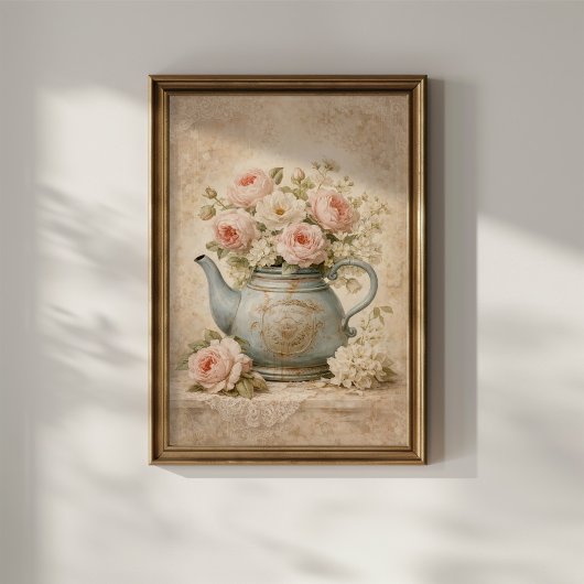 Vintage Teapot with Roses ポスター