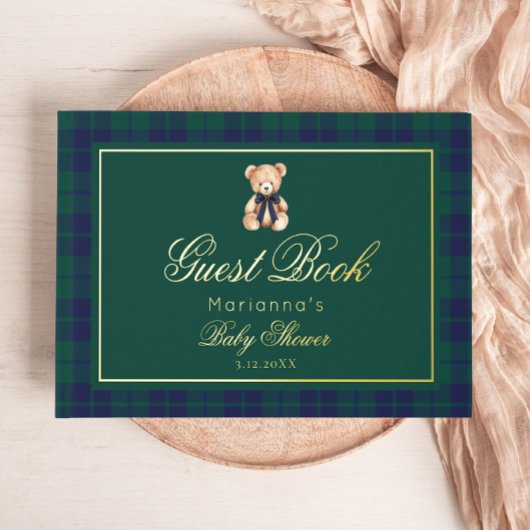 Vintage Teddy bear Classic Plaid Baby Shower ゲストブック