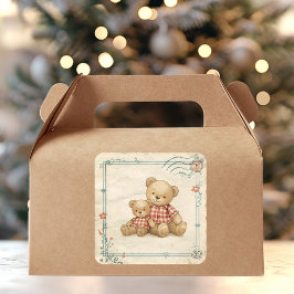 Vintage Teddy Bear Duo Red Plaid Postage Stamp スクエアシール