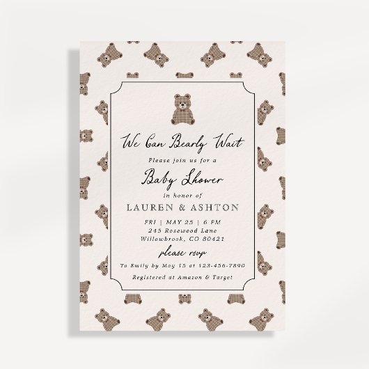 Vintage Teddy Bear Gingham Baby Shower Invitation 招待状