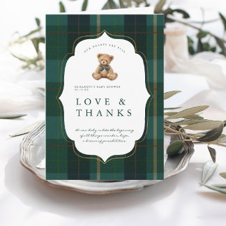 Vintage Teddy Bear Plaid Polo Baby Shower サンキューカード