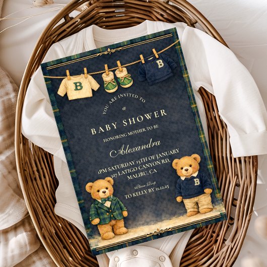 Vintage Teddy Bear Preppy Baby Shower 招待状