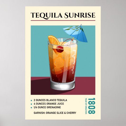 Vintage Tequila Sunrise Cocktail Recipe Artwork ポスター (正面)