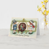 Vintage Thanksgiving Children and Turkey  カード (黄色い花)