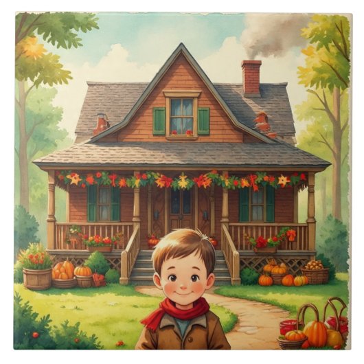 Vintage, Thanksgiving,The Boy with Autumn Blessing タイル (正面)