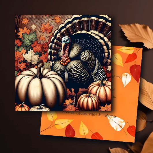 Vintage Thanksgiving Turkey and Pumpkins カード