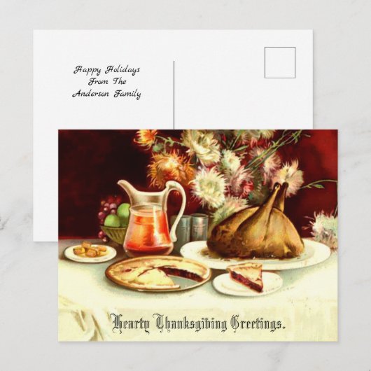 Vintage Thanksgiving Turkey & Meal シーズンポストカード (正面/裏面)