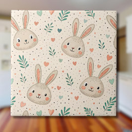 Vintage Tiny Bunny Faces with Roses Pattern タイル