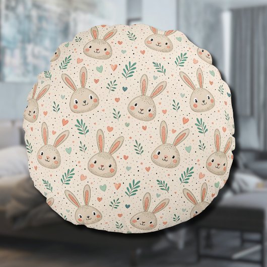Vintage Tiny Bunny Faces with Roses Pattern ラウンドクッション